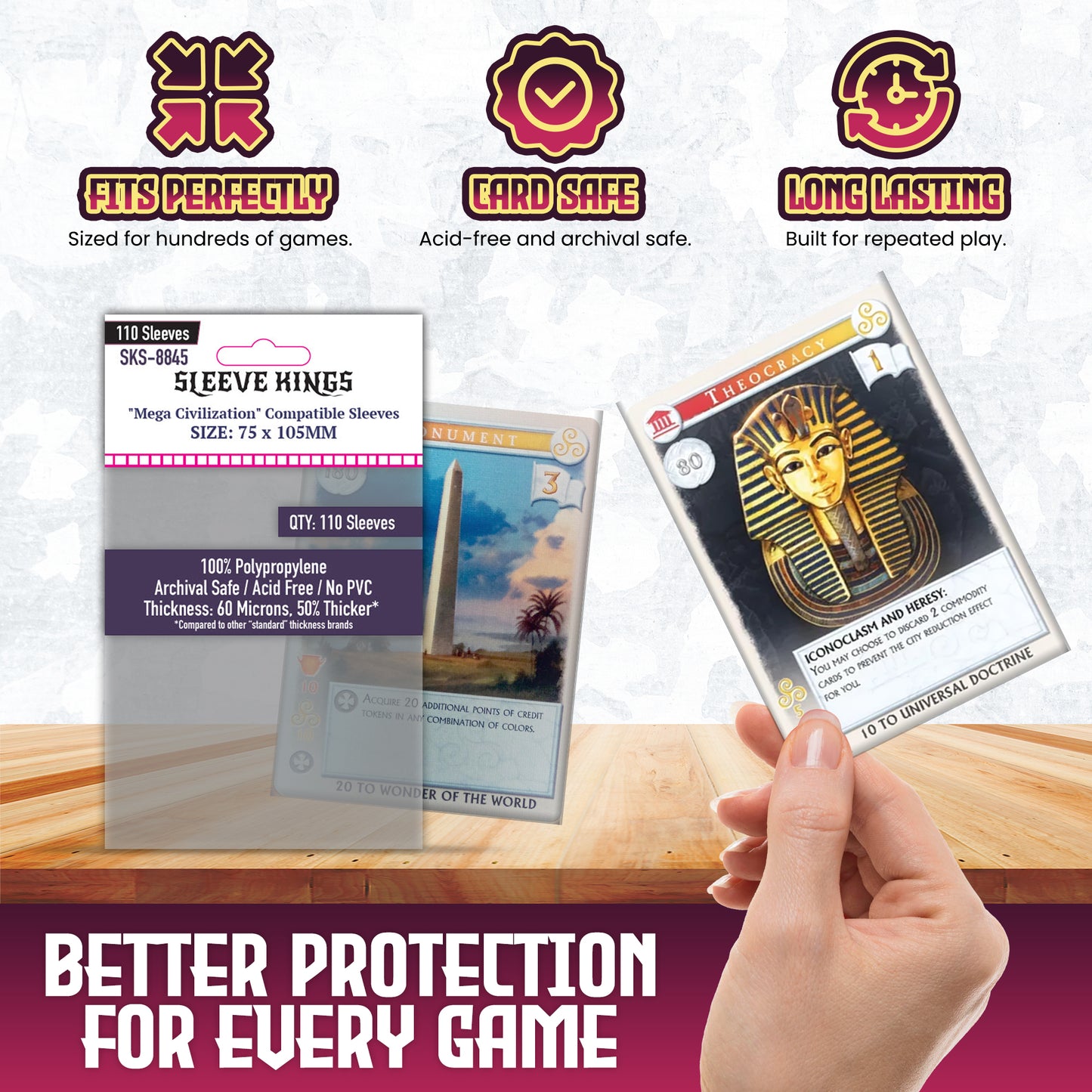 "Mega Civilization" Compatible Sleeves (75x105mm)  110 pack, 60 Microns, SKS-8845