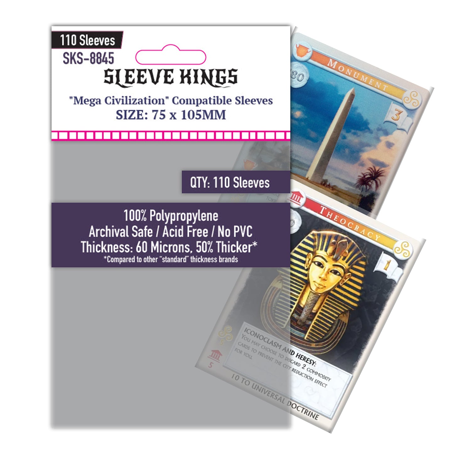 "Mega Civilization" Compatible Sleeves (75x105mm)  110 pack, 60 Microns, SKS-8845