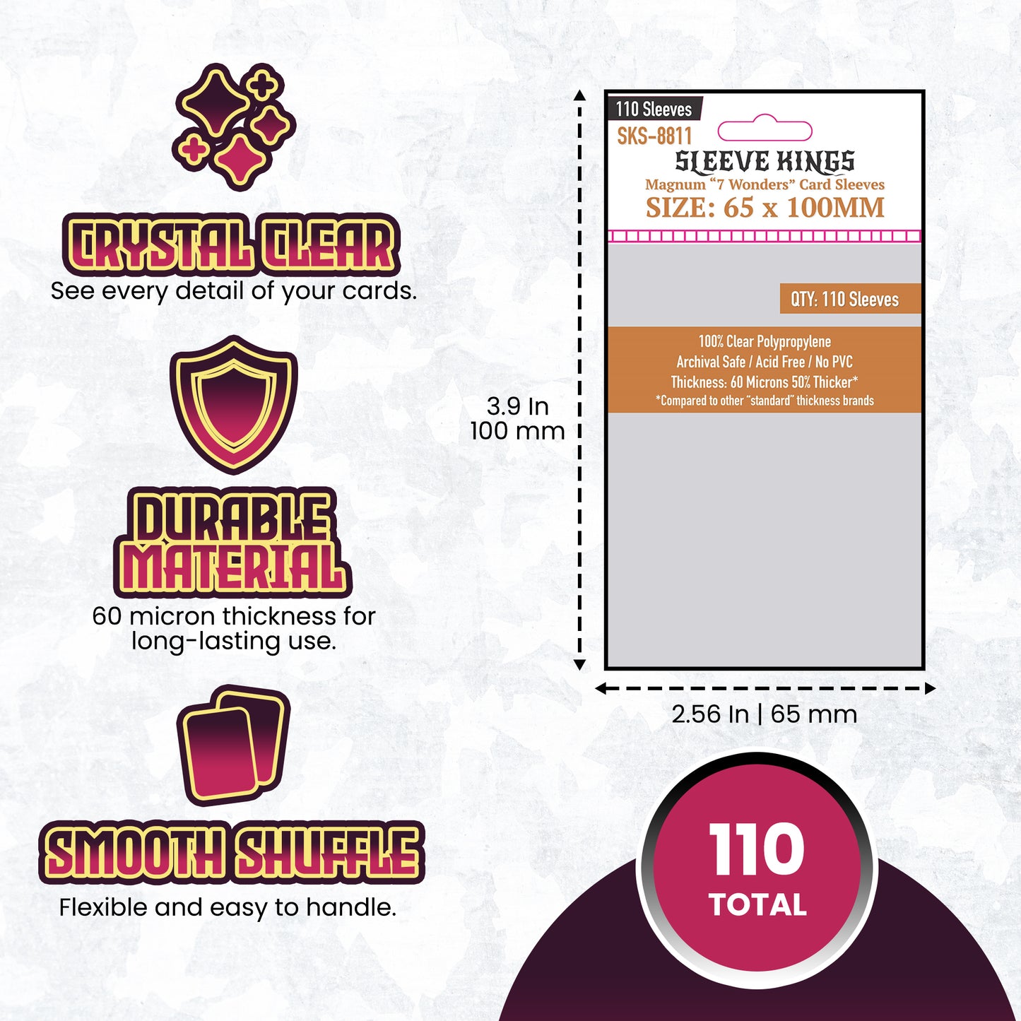 "7 Wonders" Magnum Card Sleeves (65x100mm) 110 Pack, 60 Micron, SKS-8811