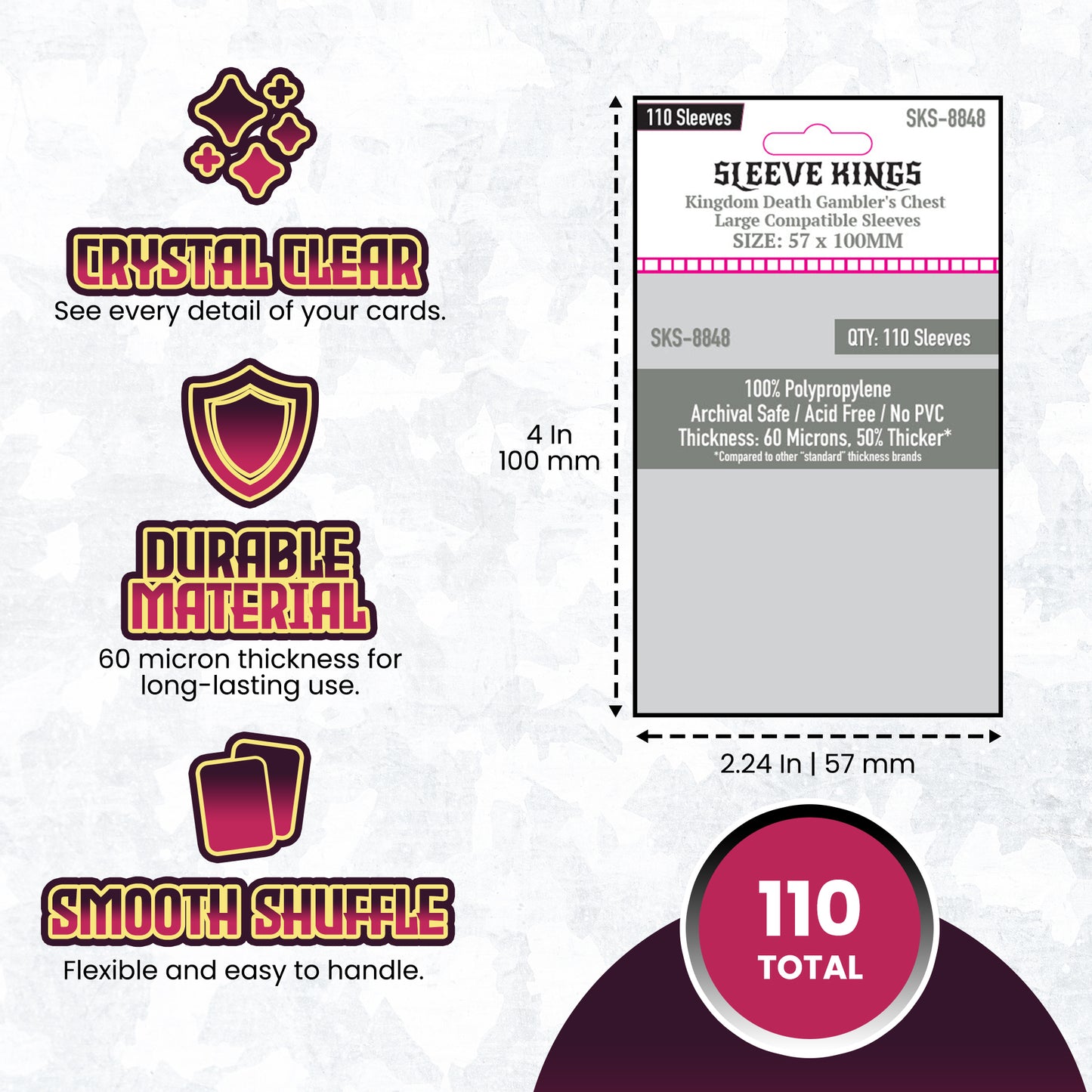 Kingdom Death Gambler's Chest Large Compatible Sleeves (57 X 100 MM) -110 Pack, 60 Microns SKS-8848